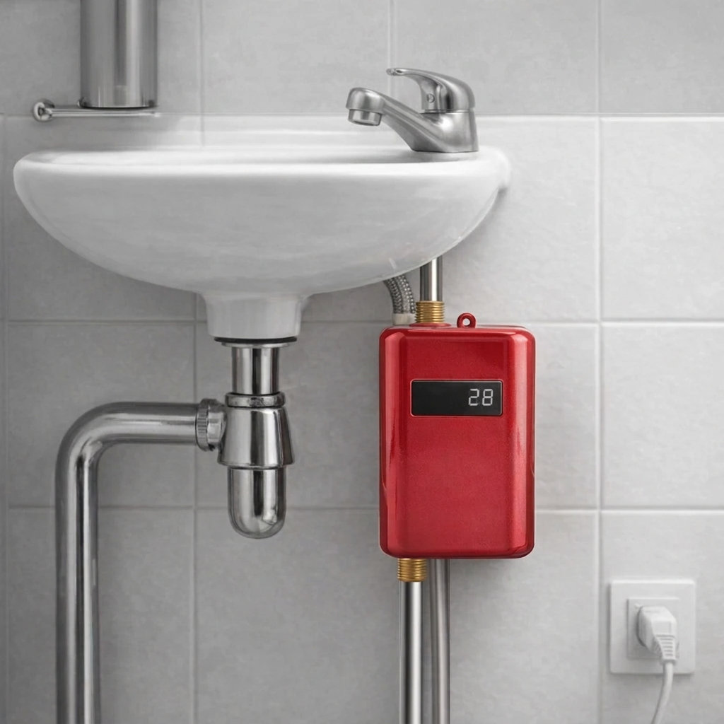 Point-of-use tankless electric water heater mounted under sink with digital temperature display