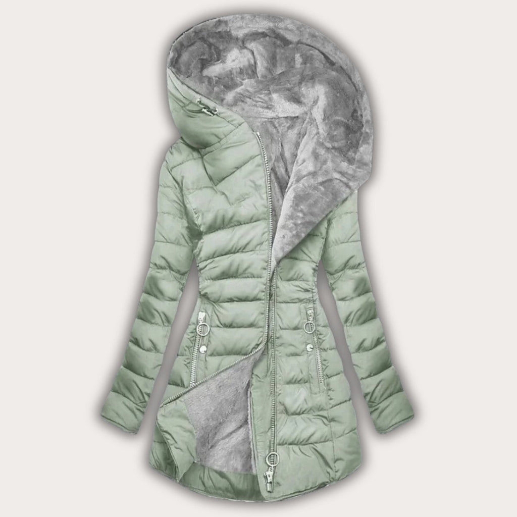 Chloe Asymmetrical Puffer Coat - Hooded Warm Adjustable Fit-Puffer Jackets-Light green-S-Camoufit