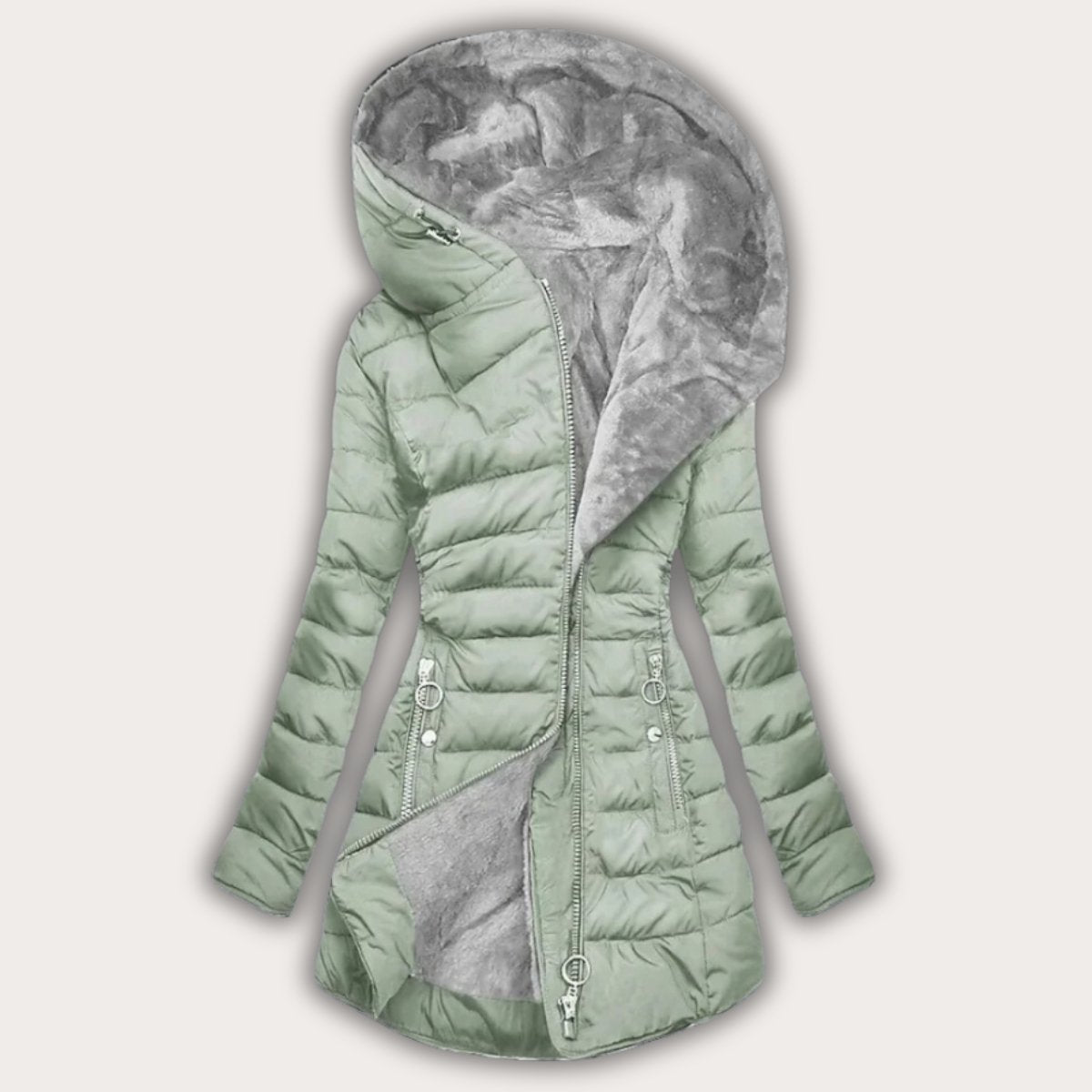 Chloe Asymmetrical Puffer Coat - Hooded Warm Adjustable Fit-Puffer Jackets-Light green-S-Camoufit