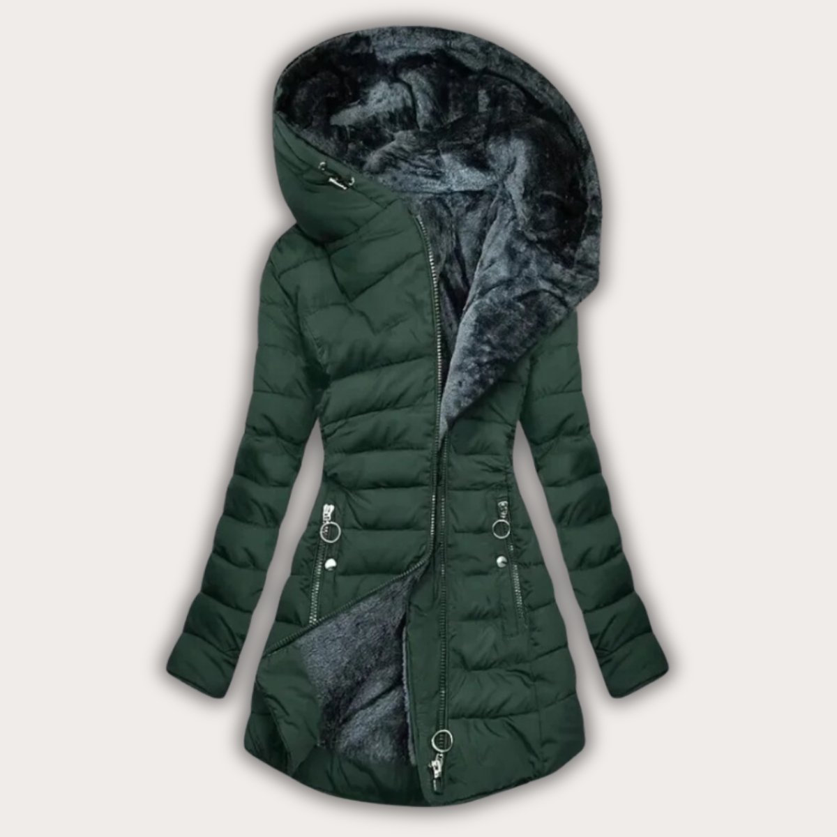 Chloe Asymmetrical Puffer Coat - Hooded Warm Adjustable Fit-Puffer Jackets-Dark green-S-Camoufit