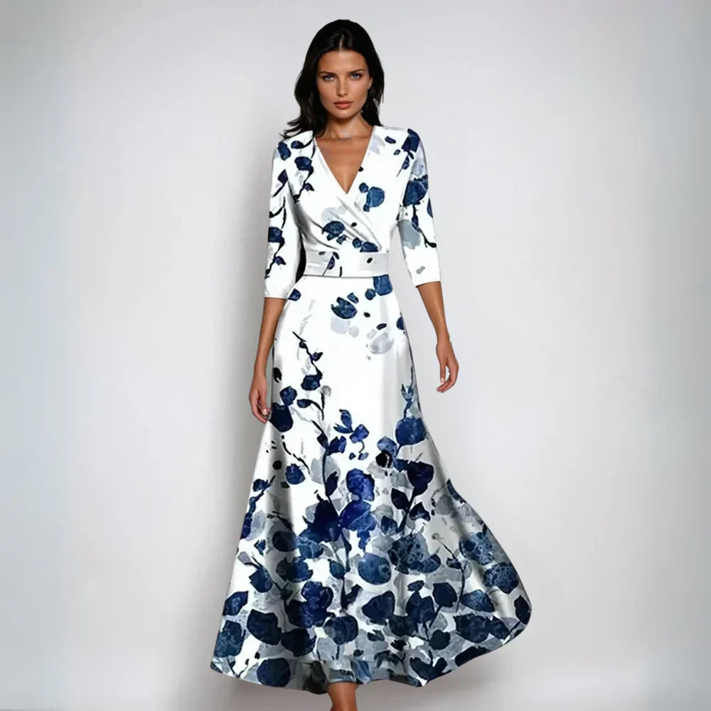 Elyvia | Floral Dress for Women – A-Line Elegant Comfort Fit-Maxi Dress-Blue/White-S-Camoufit