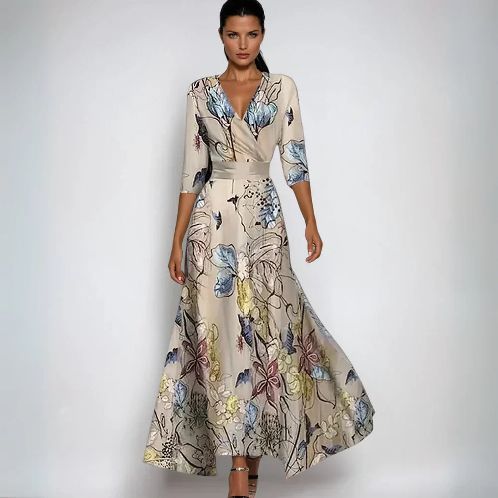 Elyvia | Floral Dress for Women – A-Line Elegant Comfort Fit-Maxi Dress-Sand/Beige-S-Camoufit