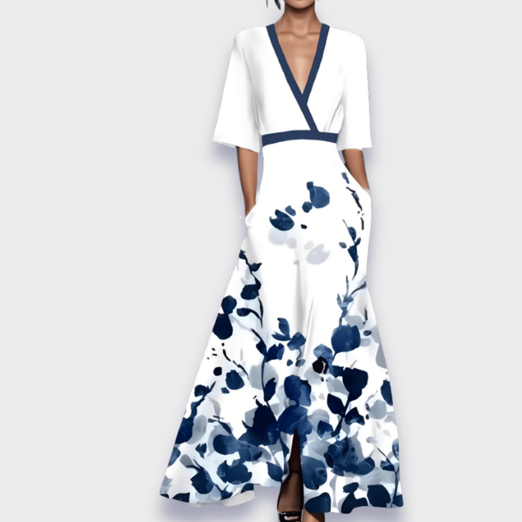 Elyvia | Floral Dress for Women – A-Line Elegant Comfort Fit-Maxi Dress-White/Blue-S-Camoufit