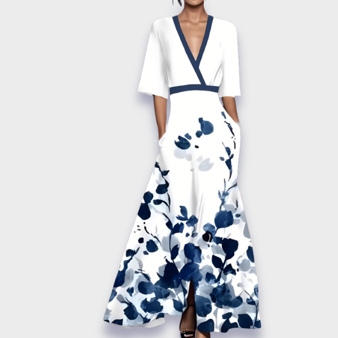 Elyvia | Floral Dress for Women – A-Line Elegant Comfort Fit-Maxi Dress-White/Blue-S-Camoufit