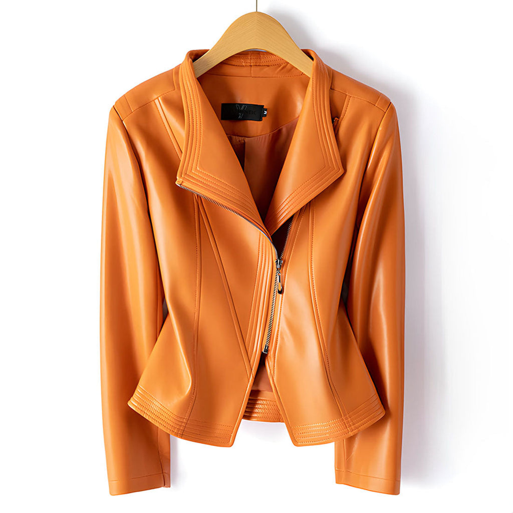 Amélis | Moto Jacket for Women – Sheepskin Leather Tailored Fit-Women's Leather Jacket-Orange-XS-Camoufit