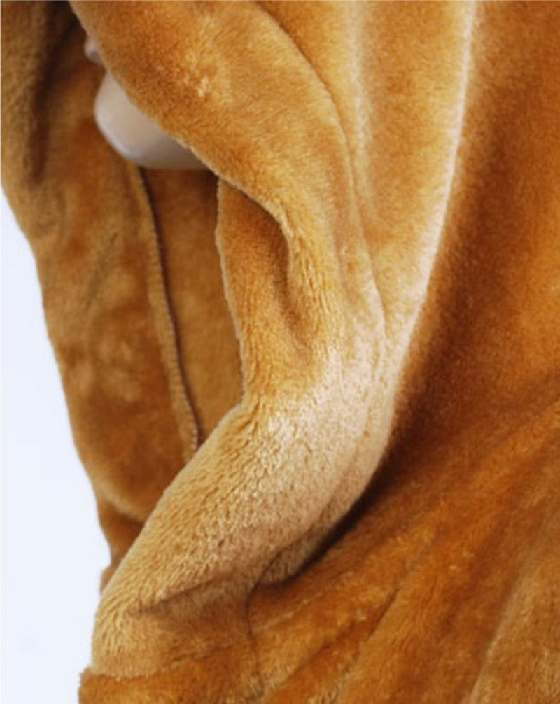 Brown plush flannel robe detail with hood seam and textured fabric