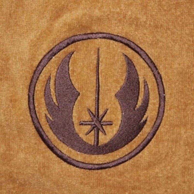 Circular logo patch on brown hooded robe