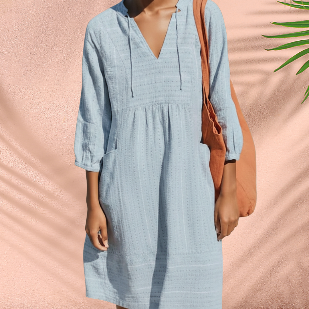 Women's Tunic Dress with V-Neck Tie Detail Three-Quarter Sleeves Side Pockets Breathable Style-Midi Dresses-Blue-S-