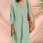 Women's Tunic Dress with V-Neck Tie Detail Three-Quarter Sleeves Side Pockets Breathable Style-Midi Dresses-Green-S-