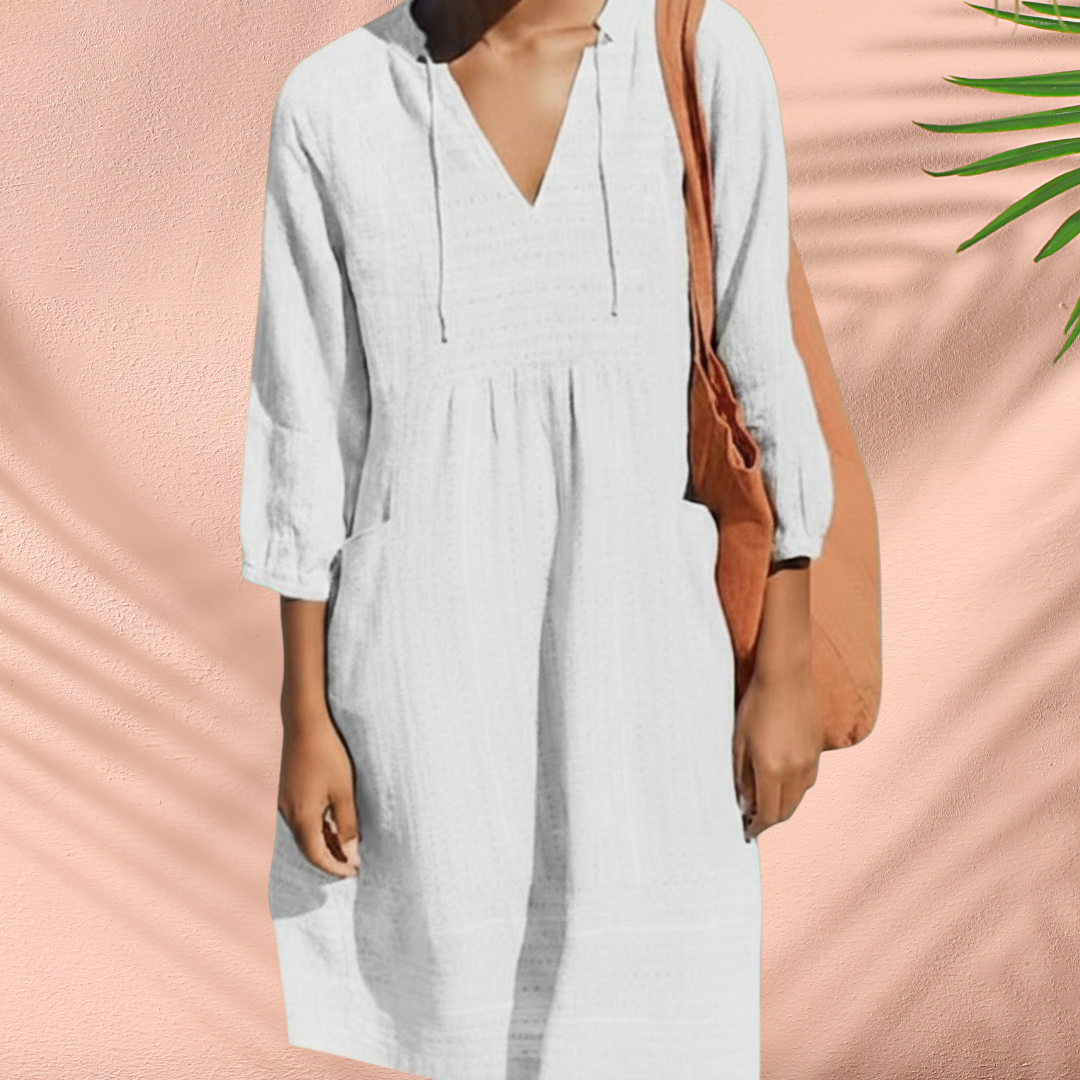 Women's Tunic Dress with V-Neck Tie Detail Three-Quarter Sleeves Side Pockets Breathable Style-Midi Dresses-White-S-