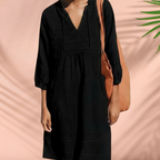 Women's Tunic Dress with V-Neck Tie Detail Three-Quarter Sleeves Side Pockets Breathable Style-Midi Dresses-Black-S-