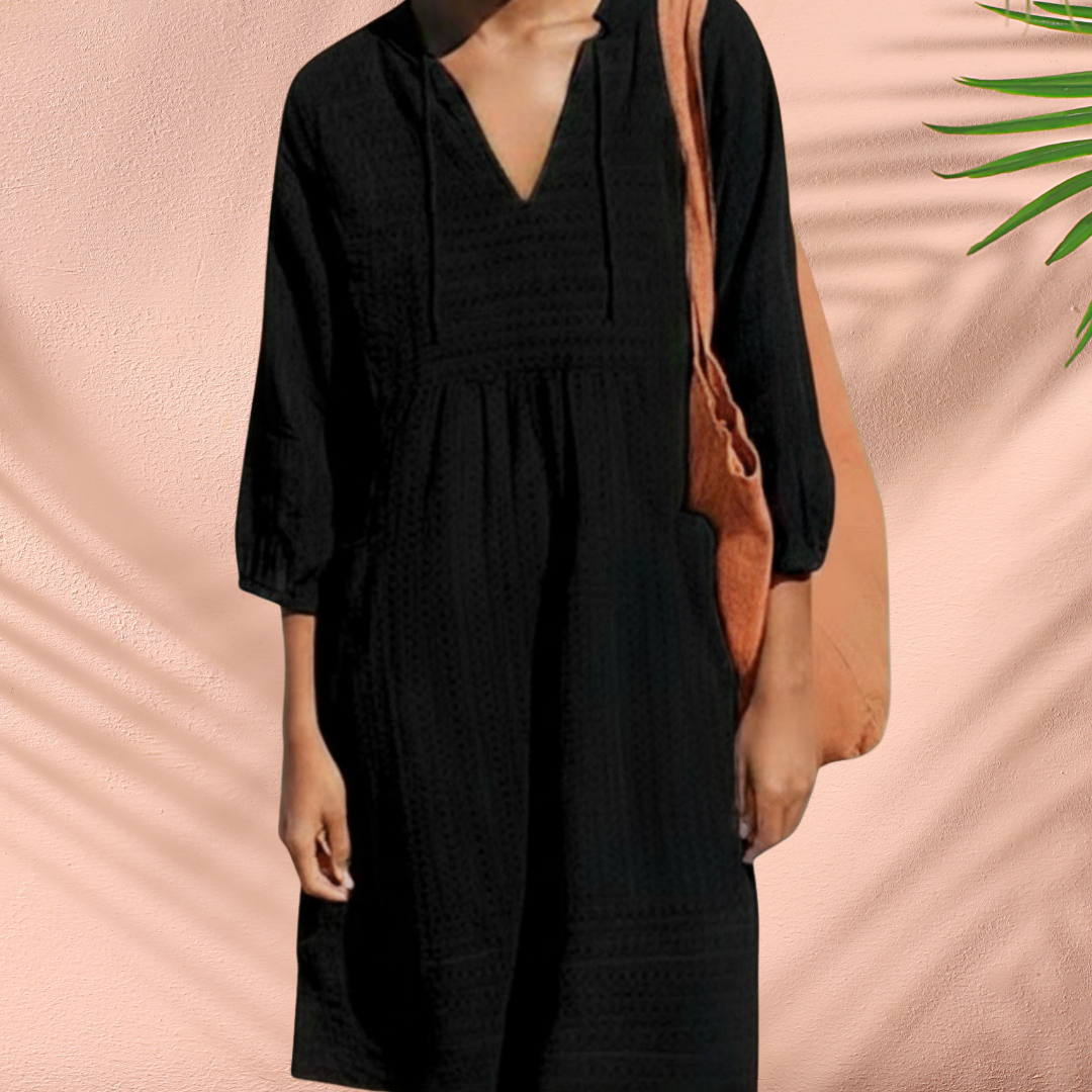 Women's Tunic Dress with V-Neck Tie Detail Three-Quarter Sleeves Side Pockets Breathable Style-Midi Dresses-Black-S-