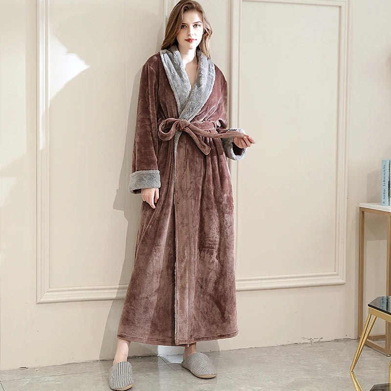 Women’s long plush robe in brown, tie belt with contrast gray inner collar