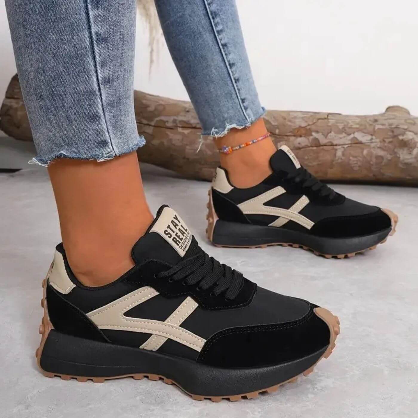 Vessora | Women's Stylish Orthopedic Sneakers – Cushioned Anti Slip Fit-Women's Sneakers-Black / Beige-4-