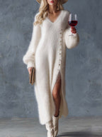 Velina | Knit Midi Dress for Women – Faux Fur Soft Relaxed Fit-Dresses-White-XS-Camoufit