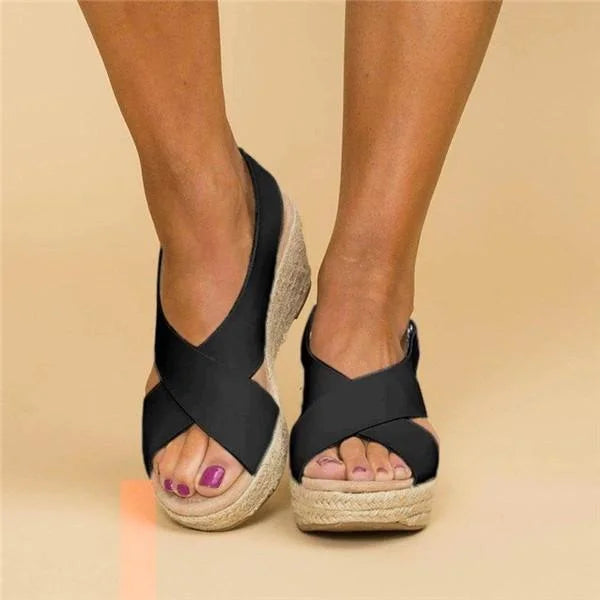Women's Comfortable Wedge Heel Espadrilles with Arch Support Cushioned Footbed Summer Shoes-Women's Heeled Sandals-Black-4-