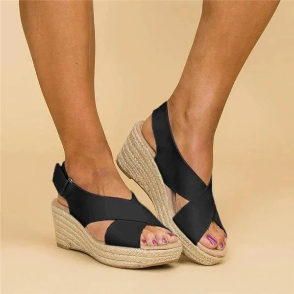 Women's Comfortable Wedge Heel Espadrilles with Arch Support Cushioned Footbed Summer Shoes-Women's Heeled Sandals-Black-4-