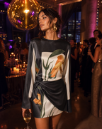 Fiorisse | Women's Floral Mini Dress with Twist Overlay Flared Sleeves Elegant Cocktail Frock-Dresses-Floral-S-