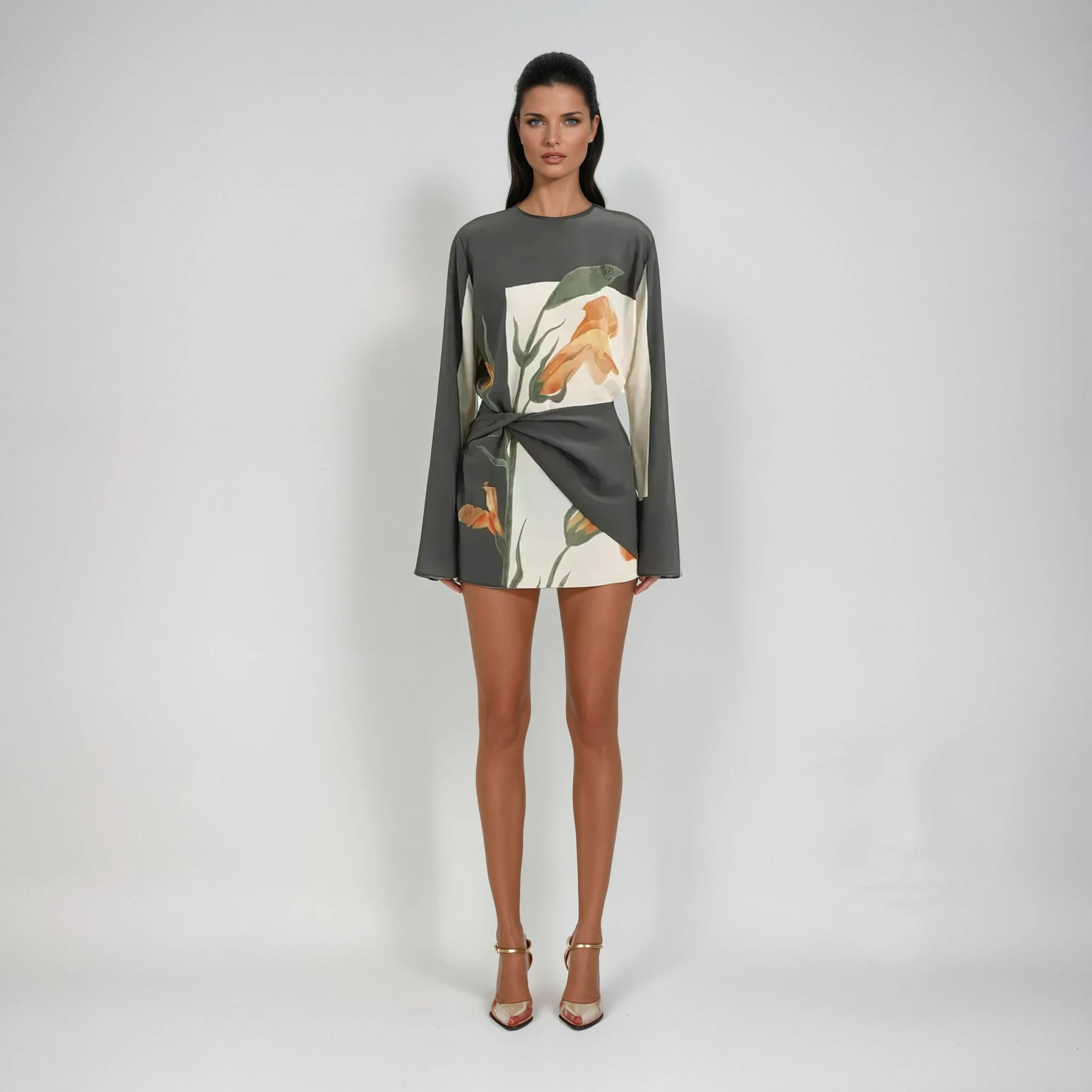 Fiorisse | Women's Floral Mini Dress with Twist Overlay Flared Sleeves Elegant Cocktail Frock-Dresses-Floral-S-
