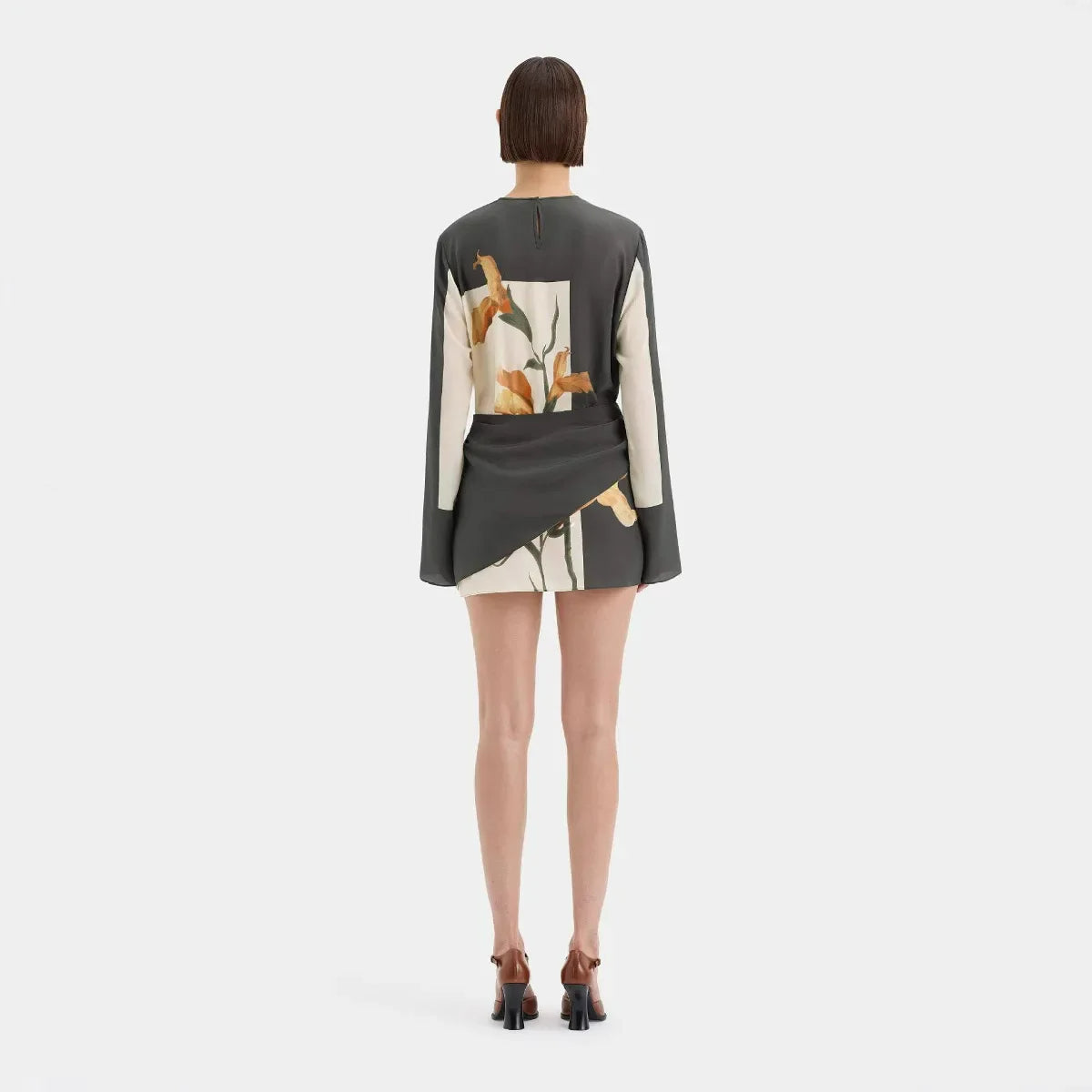 Fiorisse | Women's Floral Mini Dress with Twist Overlay Flared Sleeves Elegant Cocktail Frock-Dresses-Floral-S-