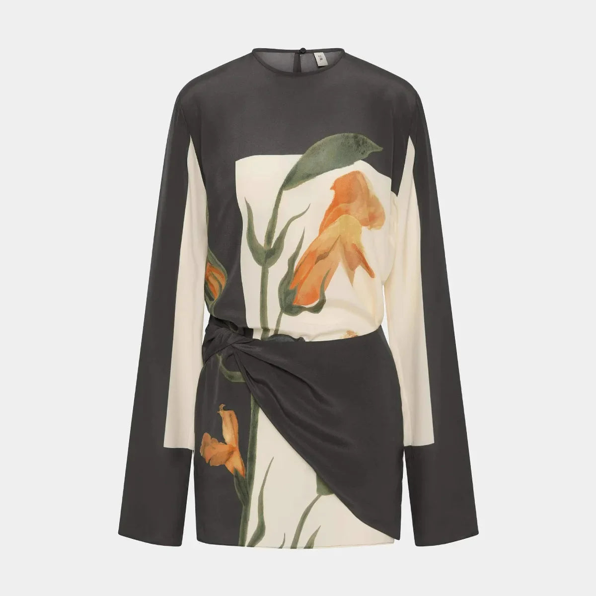 Fiorisse | Women's Floral Mini Dress with Twist Overlay Flared Sleeves Elegant Cocktail Frock-Dresses-Floral-S-