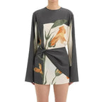 Fiorisse | Women's Floral Mini Dress with Twist Overlay Flared Sleeves Elegant Cocktail Frock-Dresses-Floral-S-