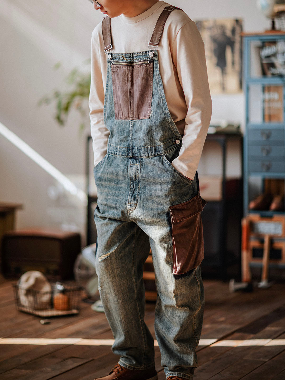 Contrast Denim Overalls-Jumpsuits & Overalls-CAMOUFIT-Camoufit