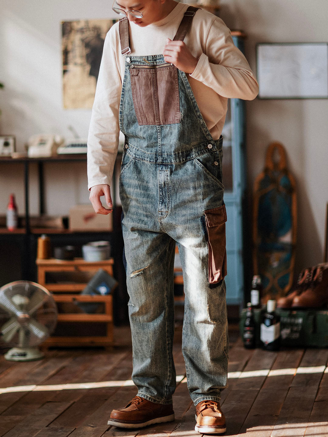 Contrast Denim Overalls-Jumpsuits & Overalls-CAMOUFIT-Camoufit