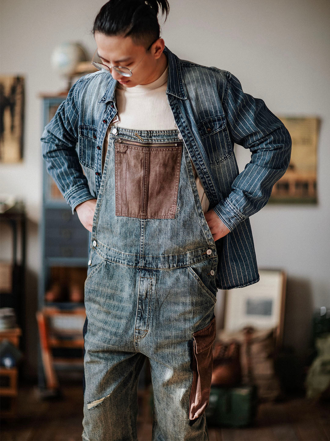 Contrast Denim Overalls-Jumpsuits & Overalls-CAMOUFIT-Camoufit