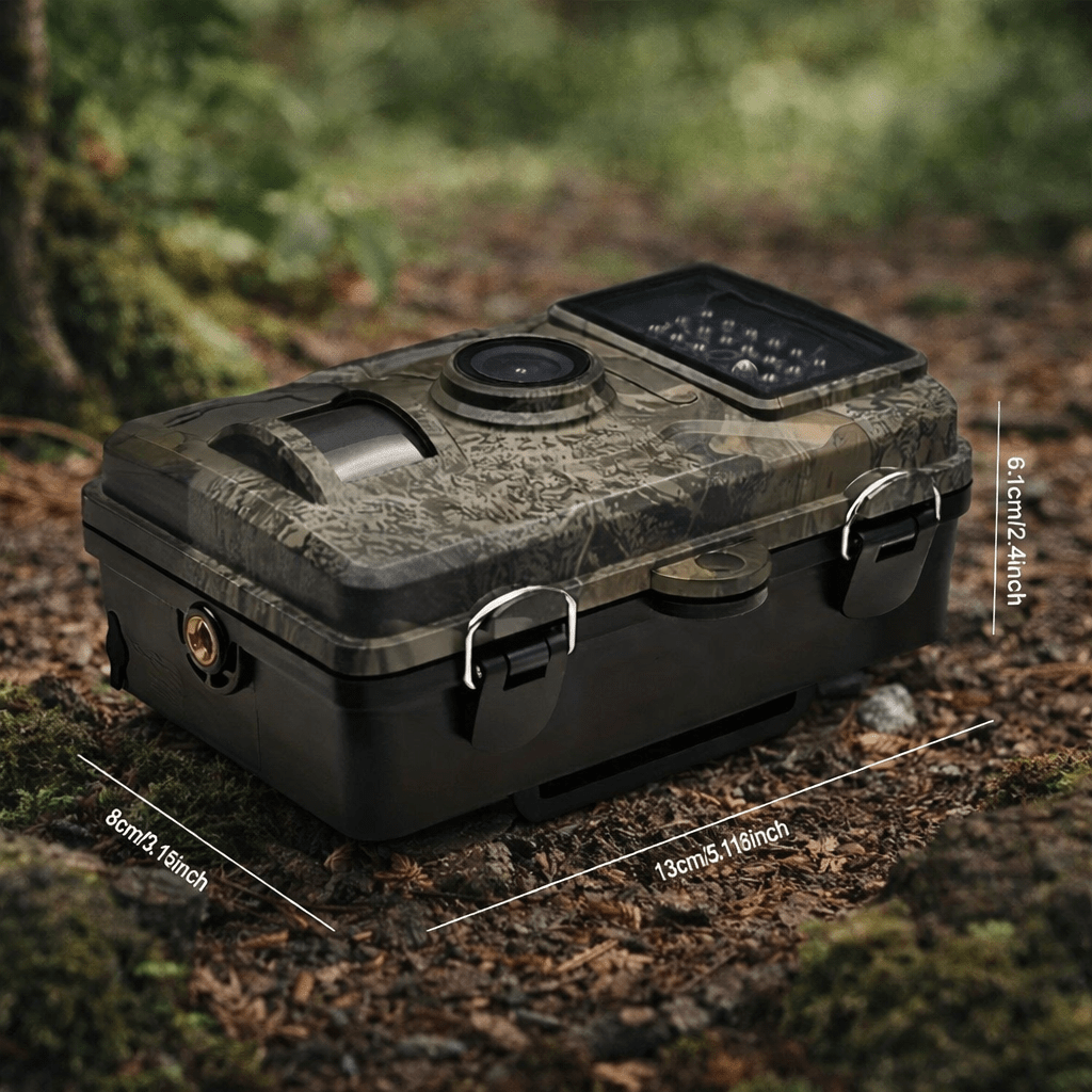 Camouflage trail camera with size labels, front lens and IR sensor array visible