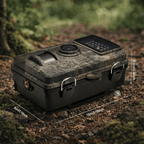 Camouflage trail camera with size labels, front lens and IR sensor array visible