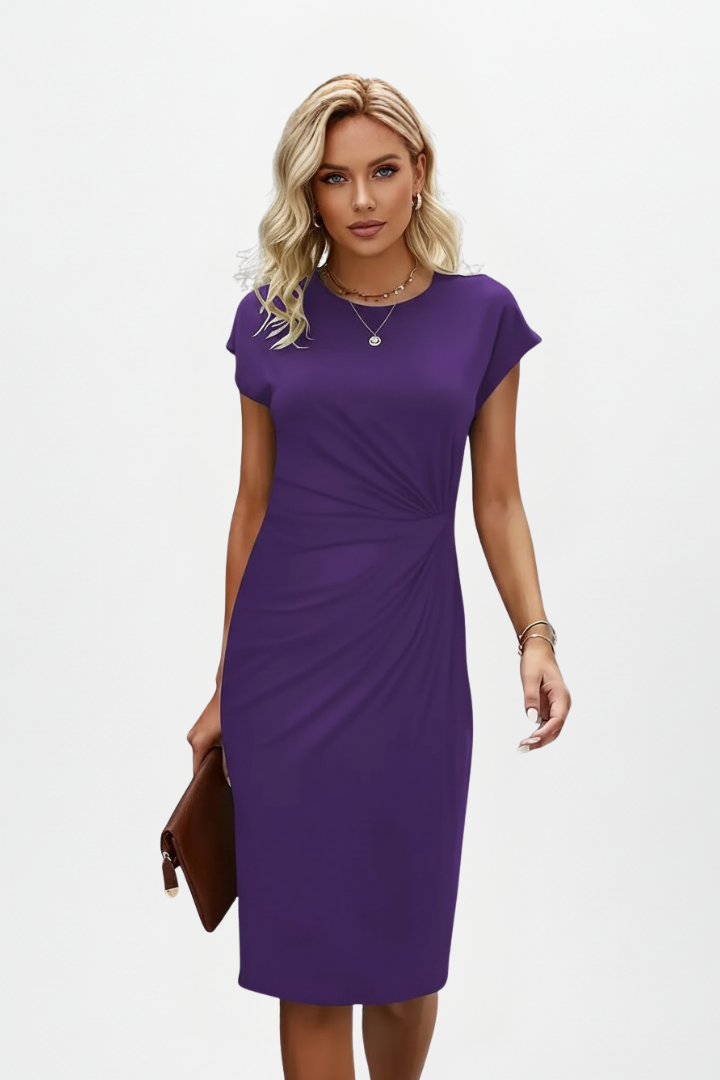 Vireya | Knee Length Dress for Women - Round Neck Cap Sleeve Ruched Waist Fitted Elegant Fit-Midi Dresses-Purple-XS-Camoufit