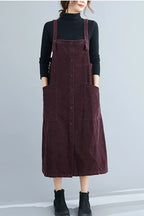 Corduroy Pleated Overall Dress-Overall Dresses-CAMOUFIT-Brown-S-Camoufit