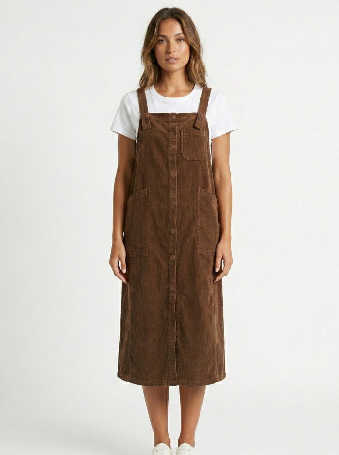 Corduroy Pleated Overall Dress-Overall Dresses-CAMOUFIT-Brown-S-Camoufit