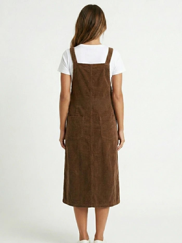 Corduroy Pleated Overall Dress-Overall Dresses-CAMOUFIT-Brown-S-Camoufit