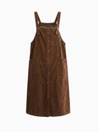 Corduroy Pleated Overall Dress-Overall Dresses-CAMOUFIT-Brown-S-Camoufit