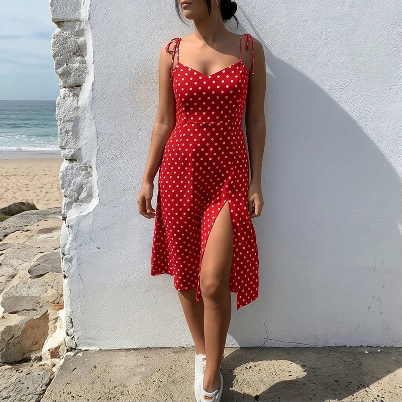 Rosélune | Polka Dot Midi Dress for Women – Sweetheart Neck Slim Fit-Dresses-Red-S-Camoufit