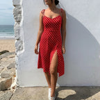 Rosélune | Polka Dot Midi Dress for Women – Sweetheart Neck Slim Fit-Dresses-Red-S-Camoufit