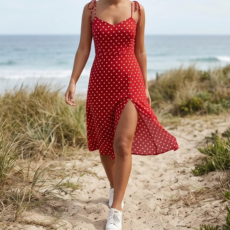 Rosélune | Polka Dot Midi Dress for Women – Sweetheart Neck Slim Fit-Dresses-Red-S-Camoufit
