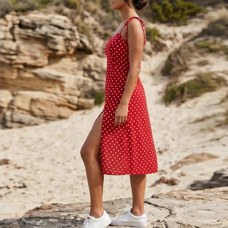 Rosélune | Polka Dot Midi Dress for Women – Sweetheart Neck Slim Fit-Dresses-Red-S-Camoufit