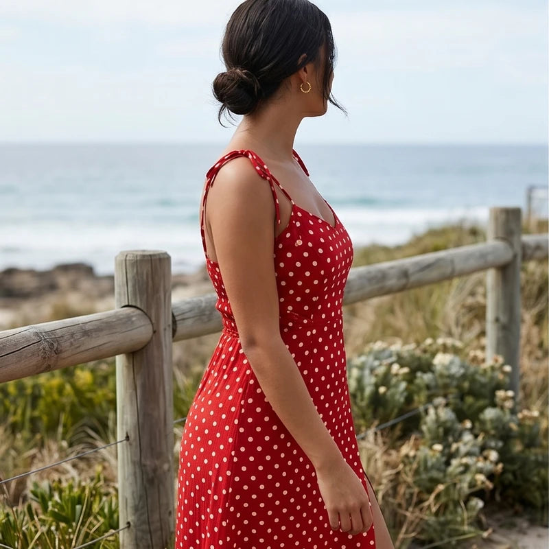Rosélune | Polka Dot Midi Dress for Women – Sweetheart Neck Slim Fit-Dresses-Red-S-Camoufit