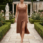 Rosélune | Polka Dot Midi Dress for Women – Sweetheart Neck Slim Fit-Dresses-Brown-S-Camoufit