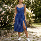Rosélune | Polka Dot Midi Dress for Women – Sweetheart Neck Slim Fit-Dresses-Blue-S-Camoufit