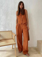 Women's Cotton Linen Two Piece Set – Waistcoat Wide Leg Relaxed Fit-Women's Two Piece Sets-Orange-S-