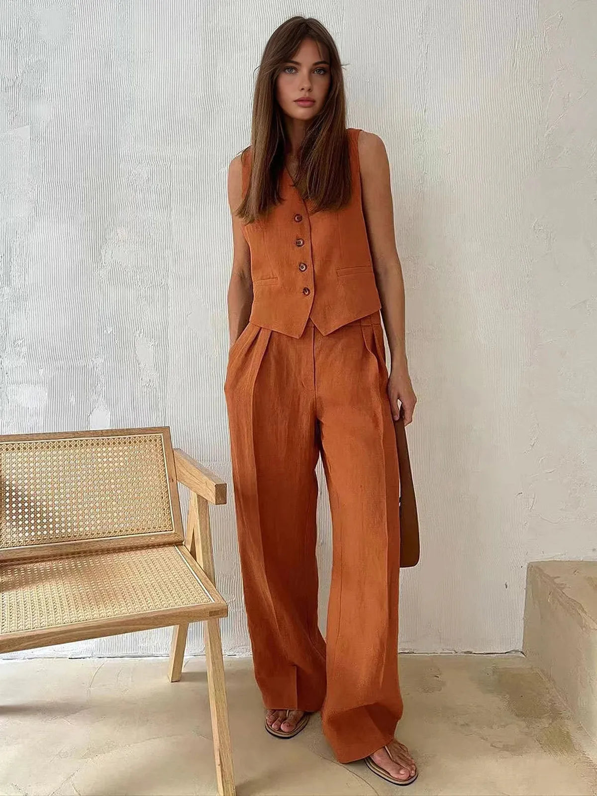 Women's Cotton Linen Two Piece Set – Waistcoat Wide Leg Relaxed Fit-Women's Two Piece Sets-Orange-S-