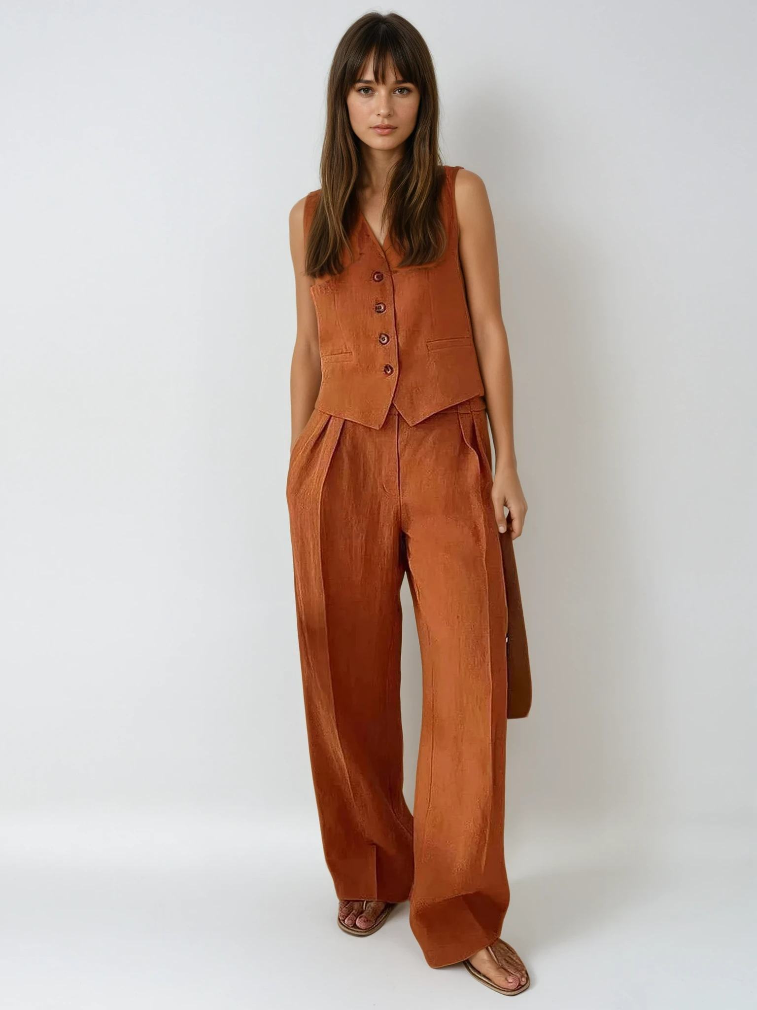 Women's Cotton Linen Two Piece Set – Waistcoat Wide Leg Relaxed Fit-Women's Two Piece Sets-Orange-S-