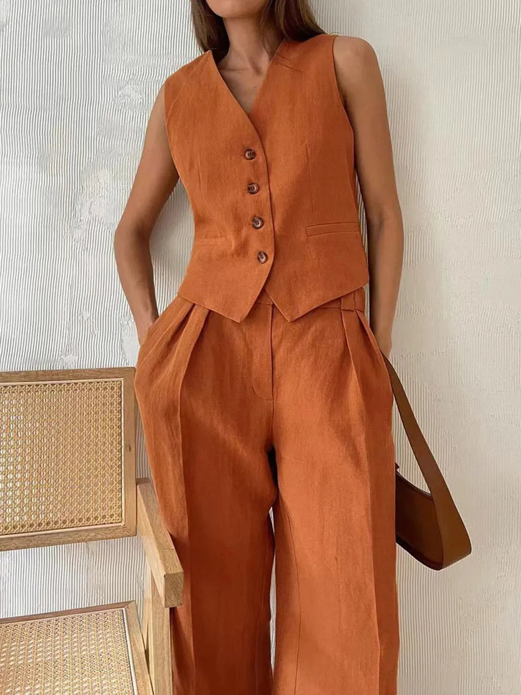 Women's Cotton Linen Two Piece Set – Waistcoat Wide Leg Relaxed Fit-Women's Two Piece Sets-Orange-S-
