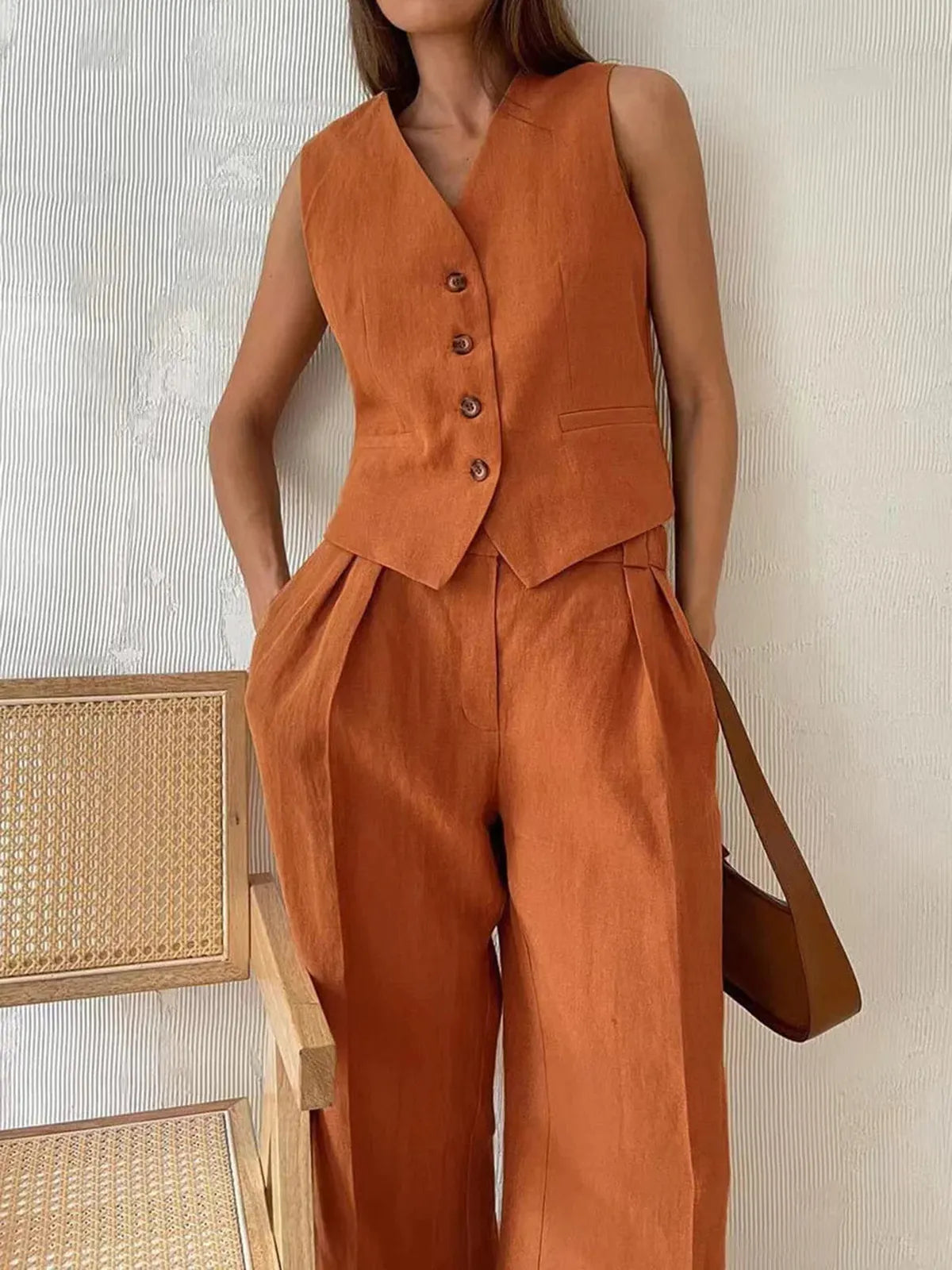 Women's Cotton Linen Two Piece Set – Waistcoat Wide Leg Relaxed Fit-Women's Two Piece Sets-Orange-S-