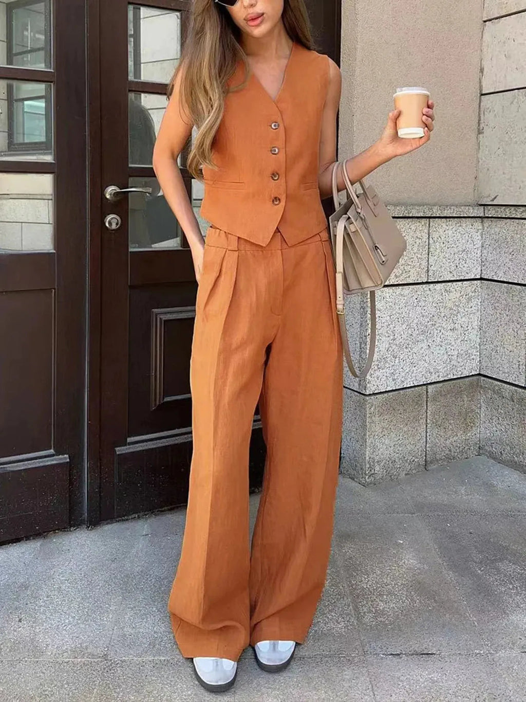 Women's Cotton Linen Two Piece Set – Waistcoat Wide Leg Relaxed Fit-Women's Two Piece Sets-Orange-S-