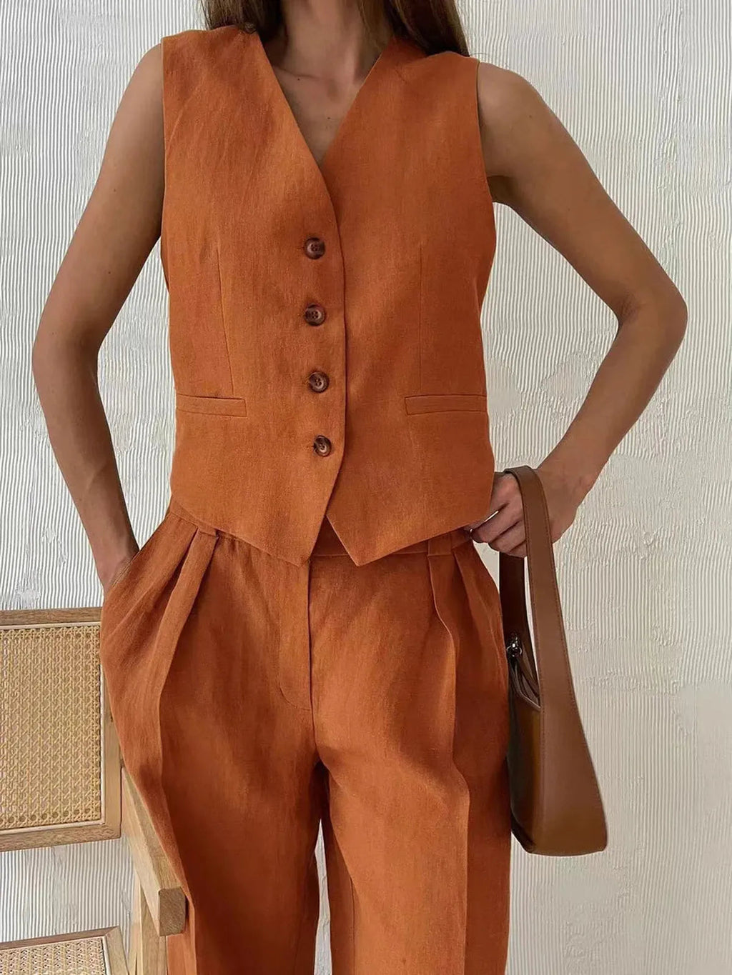 Women's Cotton Linen Two Piece Set – Waistcoat Wide Leg Relaxed Fit-Women's Two Piece Sets-Orange-S-